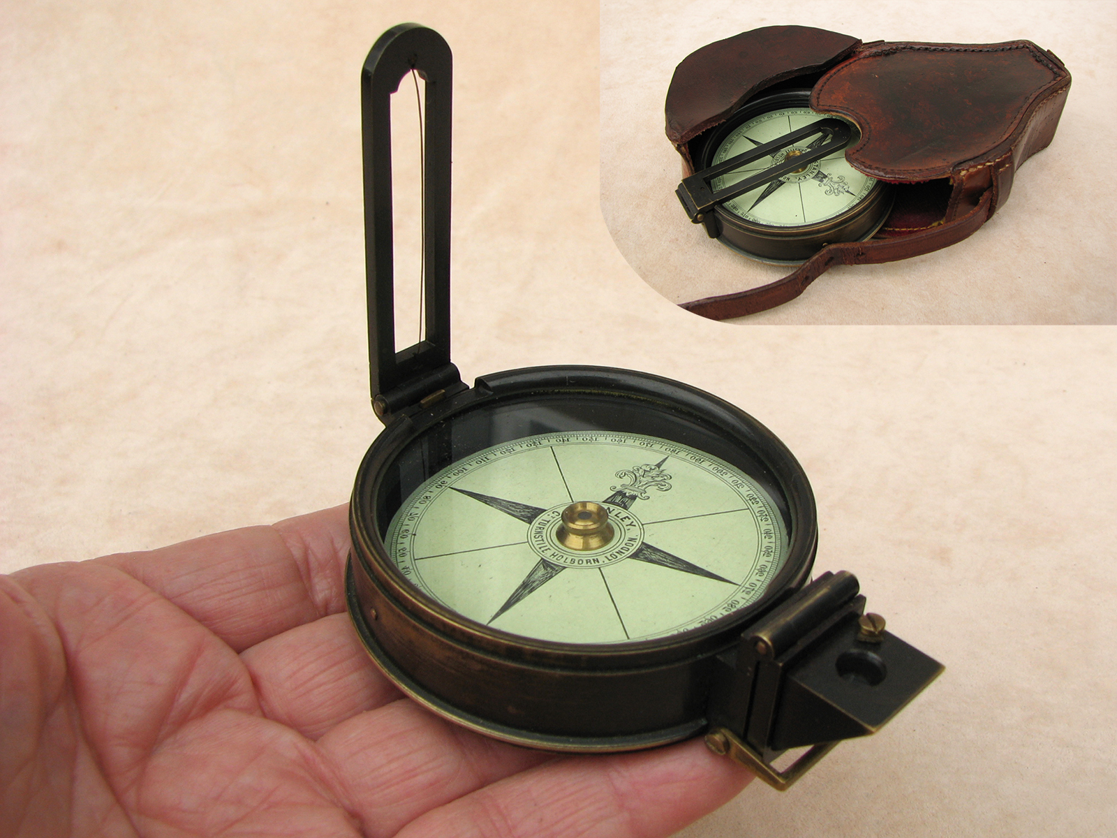 Late 19th century prismatic sighting compass in case by Stanley, London